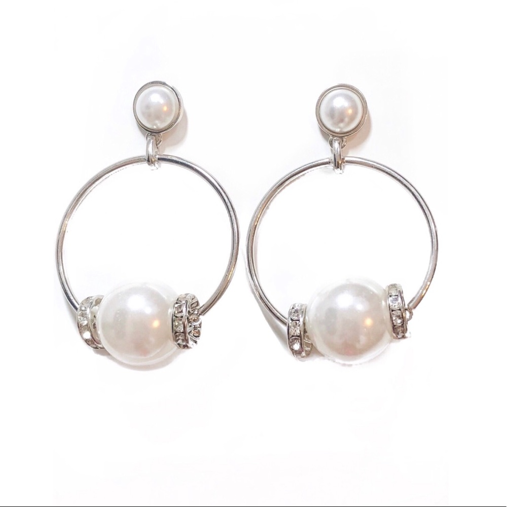 Silver Faux Pearl Hoop Earrings
